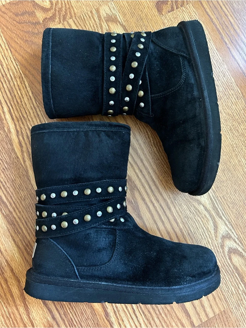 UGG black suede, shearling fur, studded, mid-calf boots